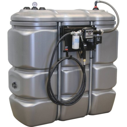 Cuve de stockage gasoil PEHD 1500L double paroi avec station à gasoil 230V 70 l min et pistolet automatique compteur filtre