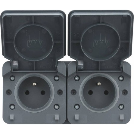 Prise double étanche horizontale en saillie 2P+T 230V gris