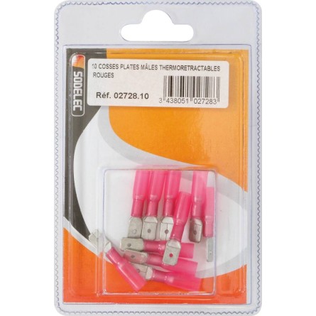 Cosse plate mâle isolée thermorétractable rouge 6,3x0,8mm - lot de 10 pcs