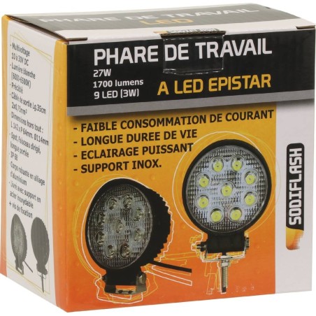 Phare de travail rond LED 10 32V 27W 1800 lumens faisceau longue portée
